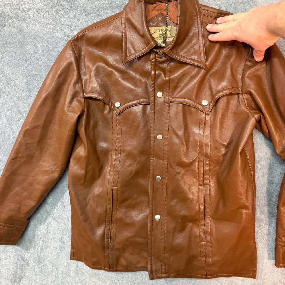 Western snap Pacific Trail Leather Shirt Jacket Size M Brown Snap Front Western